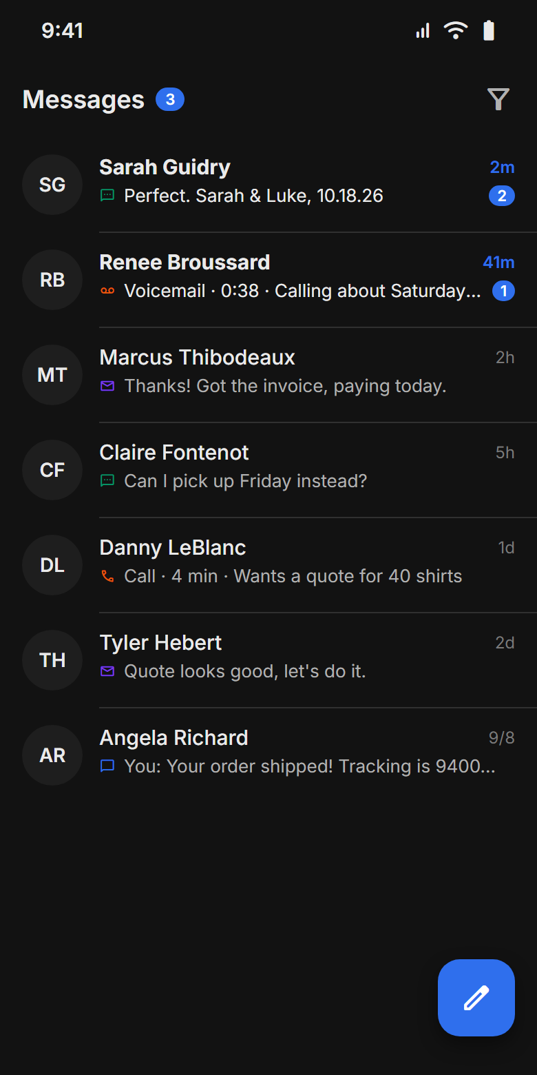Resonate's Messages screen: texts, calls, voicemail and email from each customer in one list