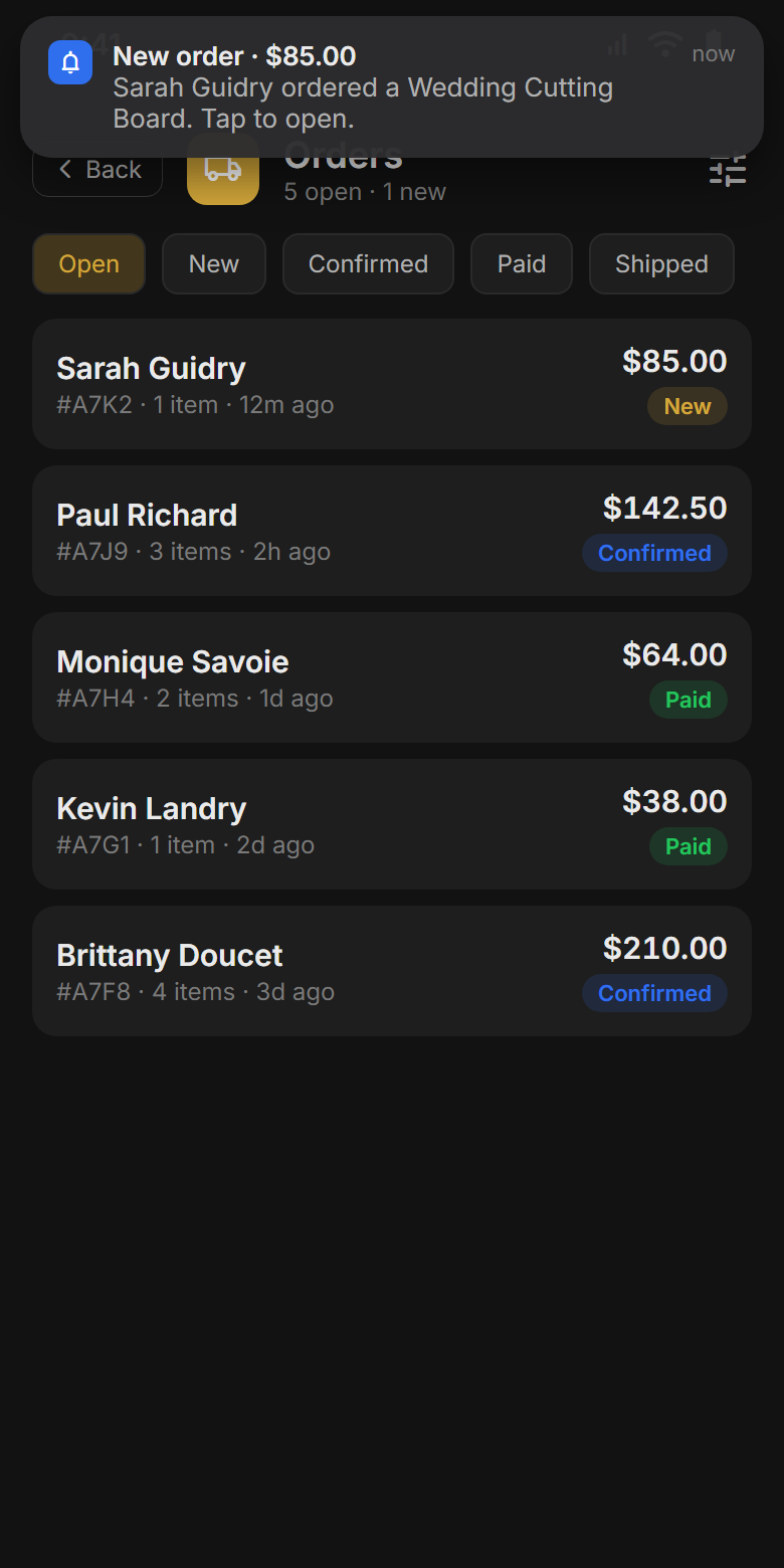 Resonate's Orders screen with a new-order notification