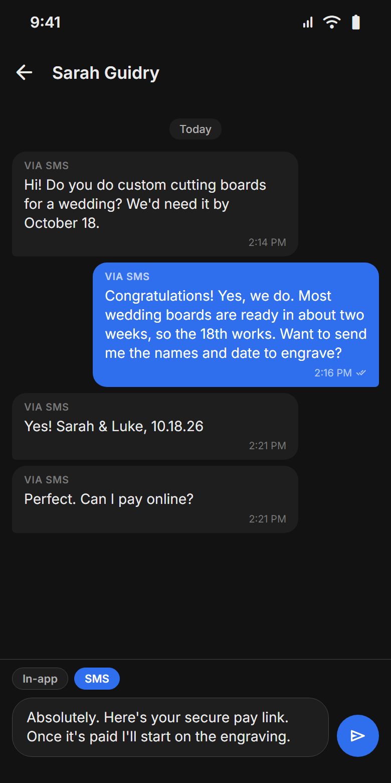 A Resonate conversation: a customer asks about a wedding cutting board and the owner replies by text