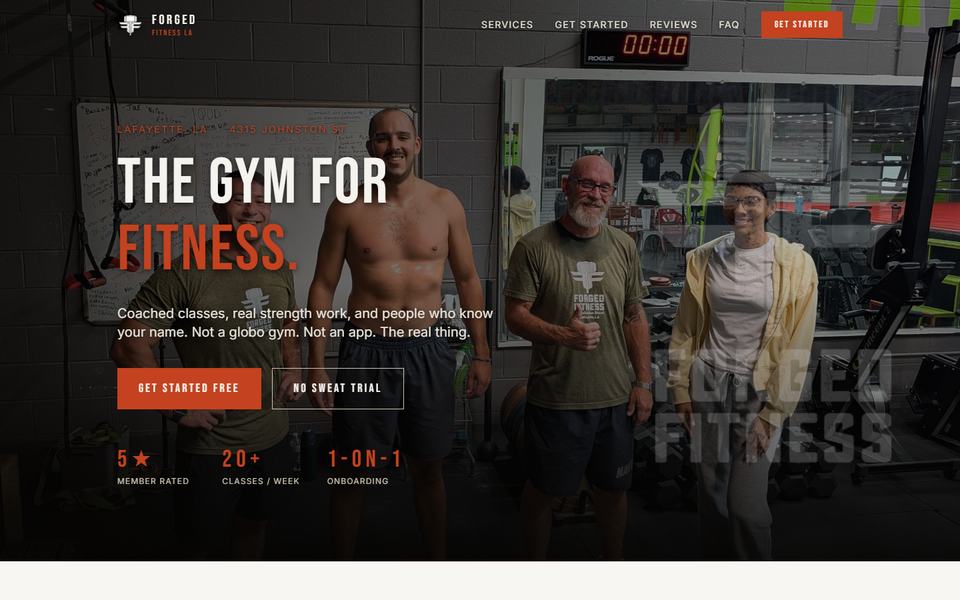Forged Fitness homepage: coaches in the gym under the headline The Gym for Fitness.