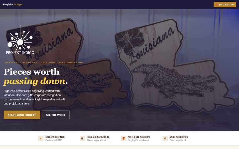 Projekt Indigo homepage: engraved wooden Louisiana plaques under the headline Pieces worth passing down.