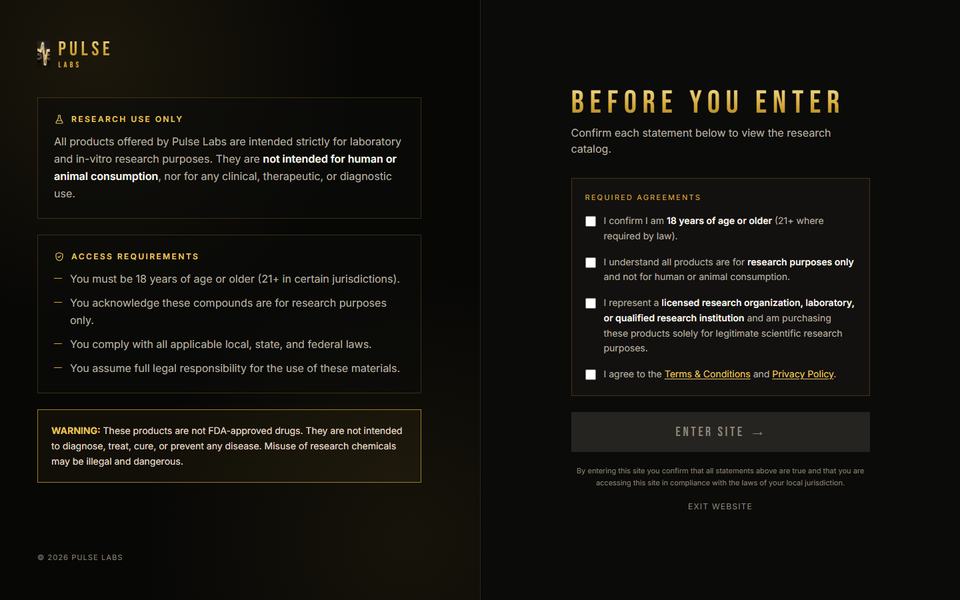 Pulse Labs entry page: a research-use-only notice and required agreements visitors confirm before entering the catalog.